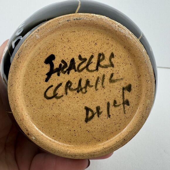 Jamaica Frazer Ceramics Small Round Vase Signed Black Leaf Tulip Style Mouth - Picture 7 of 8